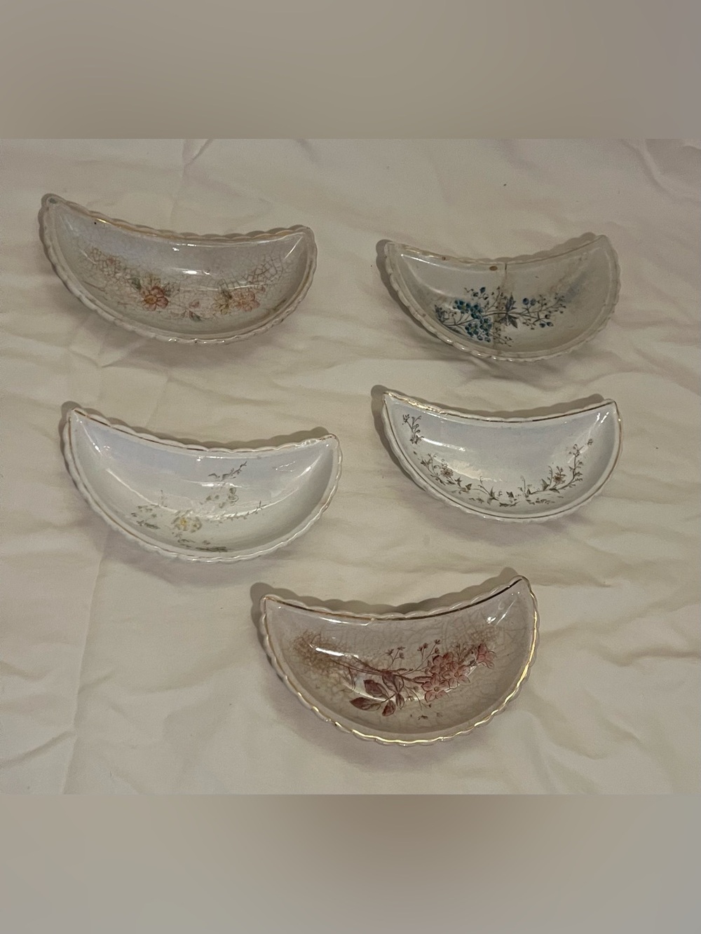 Vintage Set Of 5 Crescent Bone Dish Floral Patterns Moon Shape